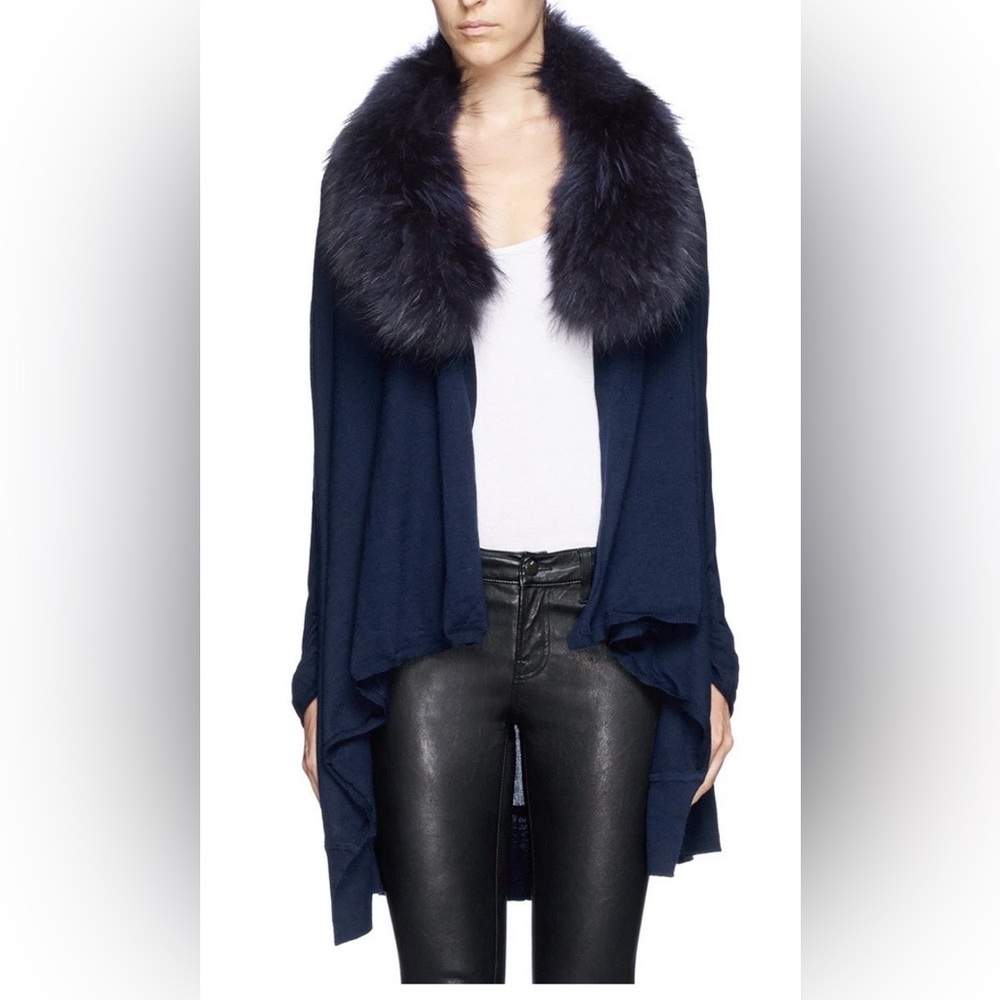 Alice + Olivia Izzy Navy Cashmere Cardigan With Fur Collar - S